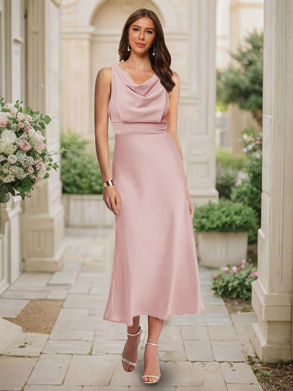 Robe de Demoiselled'Honneur Sirène/Trompette, Col Bénitier, Sans Manches, Longueur Thé, Froncée