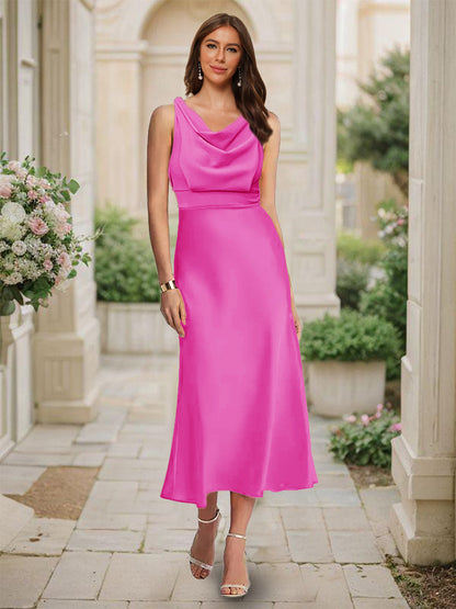 Robe de Demoiselled'Honneur Sirène/Trompette, Col Bénitier, Sans Manches, Longueur Thé, Froncée