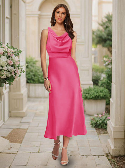 Robe de Demoiselled'Honneur Sirène/Trompette, Col Bénitier, Sans Manches, Longueur Thé, Froncée