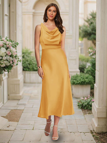 Robe de Demoiselled'Honneur Sirène/Trompette, Col Bénitier, Sans Manches, Longueur Thé, Froncée