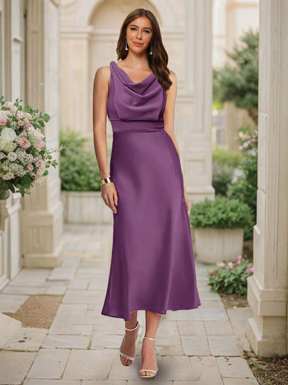 Robe de Demoiselled'Honneur Sirène/Trompette, Col Bénitier, Sans Manches, Longueur Thé, Froncée