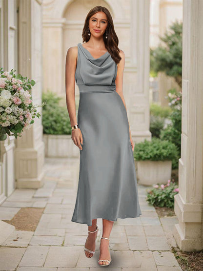 Robe de Demoiselled'Honneur Sirène/Trompette, Col Bénitier, Sans Manches, Longueur Thé, Froncée