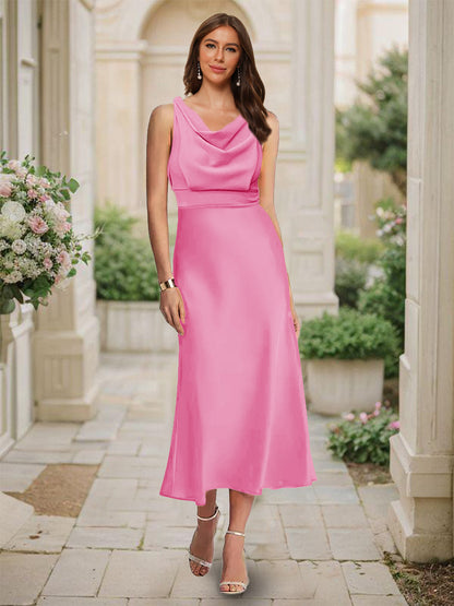 Robe de Demoiselled'Honneur Sirène/Trompette, Col Bénitier, Sans Manches, Longueur Thé, Froncée