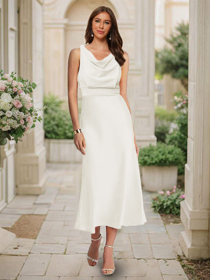 Robe de Demoiselled'Honneur Sirène/Trompette, Col Bénitier, Sans Manches, Longueur Thé, Froncée