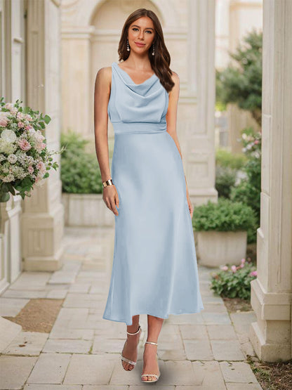Robe de Demoiselled'Honneur Sirène/Trompette, Col Bénitier, Sans Manches, Longueur Thé, Froncée