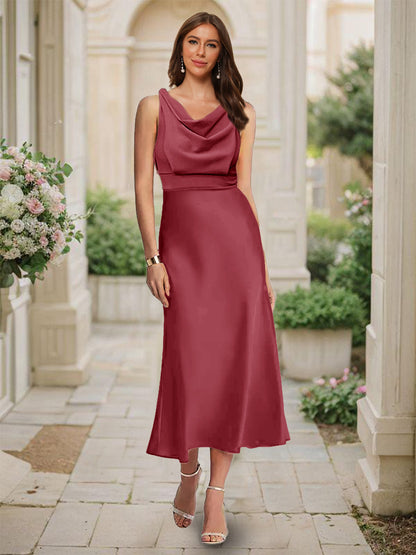 Robe de Demoiselled'Honneur Sirène/Trompette, Col Bénitier, Sans Manches, Longueur Thé, Froncée