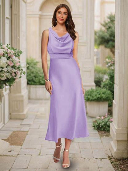 Robe de Demoiselled'Honneur Sirène/Trompette, Col Bénitier, Sans Manches, Longueur Thé, Froncée