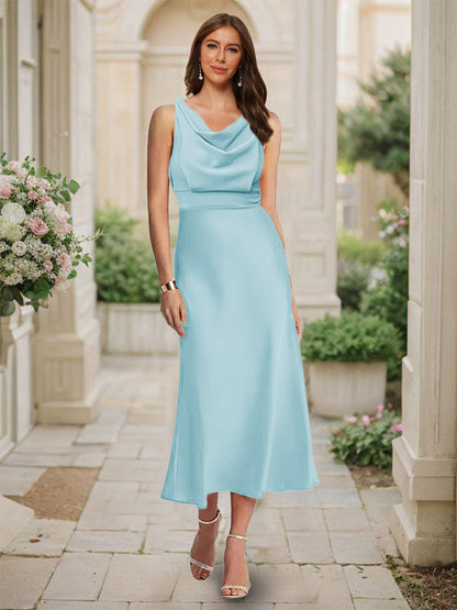 Robe de Demoiselled'Honneur Sirène/Trompette, Col Bénitier, Sans Manches, Longueur Thé, Froncée