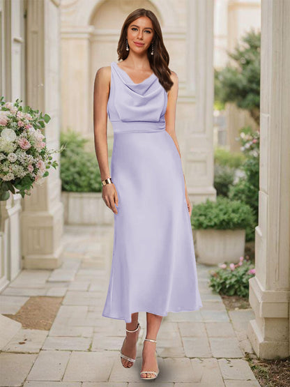 Robe de Demoiselled'Honneur Sirène/Trompette, Col Bénitier, Sans Manches, Longueur Thé, Froncée