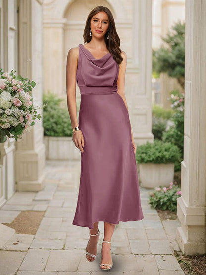 Robe de Demoiselled'Honneur Sirène/Trompette, Col Bénitier, Sans Manches, Longueur Thé, Froncée