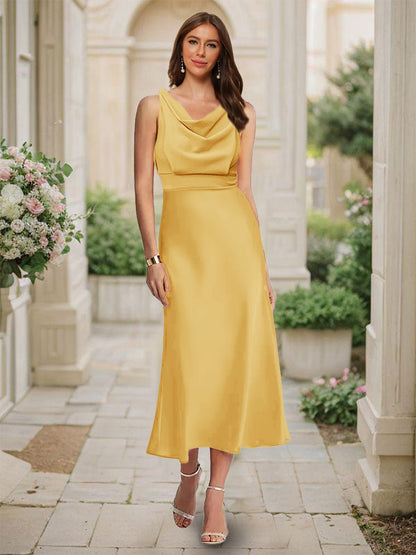 Robe de Demoiselled'Honneur Sirène/Trompette, Col Bénitier, Sans Manches, Longueur Thé, Froncée