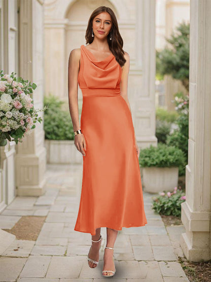 Robe de Demoiselled'Honneur Sirène/Trompette, Col Bénitier, Sans Manches, Longueur Thé, Froncée