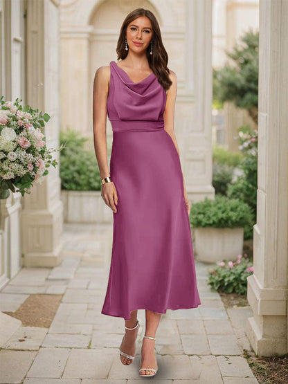 Robe de Demoiselled'Honneur Sirène/Trompette, Col Bénitier, Sans Manches, Longueur Thé, Froncée