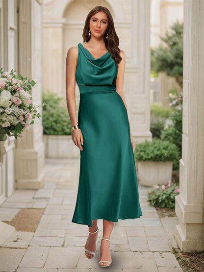 Robe de Demoiselled'Honneur Sirène/Trompette, Col Bénitier, Sans Manches, Longueur Thé, Froncée