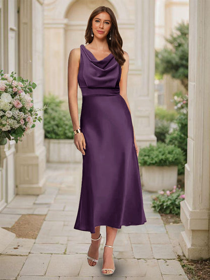 Robe de Demoiselled'Honneur Sirène/Trompette, Col Bénitier, Sans Manches, Longueur Thé, Froncée
