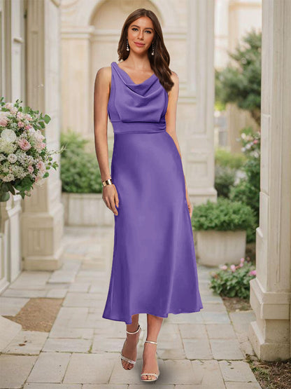 Robe de Demoiselled'Honneur Sirène/Trompette, Col Bénitier, Sans Manches, Longueur Thé, Froncée