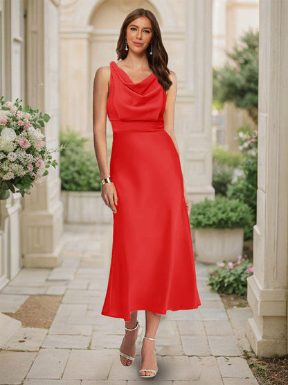 Robe de Demoiselled'Honneur Sirène/Trompette, Col Bénitier, Sans Manches, Longueur Thé, Froncée