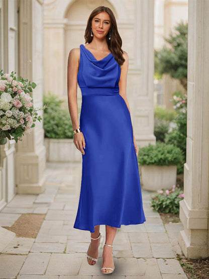 Robe de Demoiselled'Honneur Sirène/Trompette, Col Bénitier, Sans Manches, Longueur Thé, Froncée