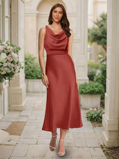 Robe de Demoiselled'Honneur Sirène/Trompette, Col Bénitier, Sans Manches, Longueur Thé, Froncée