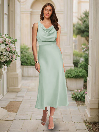 Robe de Demoiselled'Honneur Sirène/Trompette, Col Bénitier, Sans Manches, Longueur Thé, Froncée