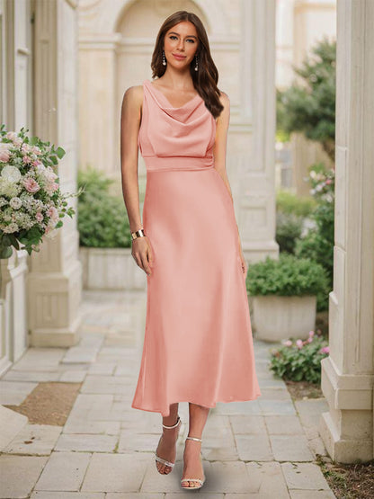 Robe de Demoiselled'Honneur Sirène/Trompette, Col Bénitier, Sans Manches, Longueur Thé, Froncée
