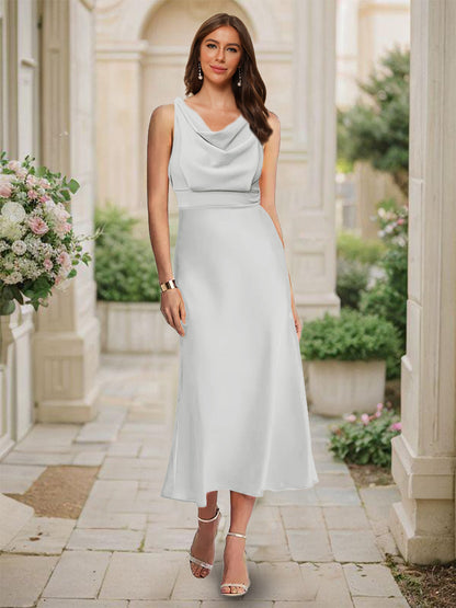 Robe de Demoiselled'Honneur Sirène/Trompette, Col Bénitier, Sans Manches, Longueur Thé, Froncée
