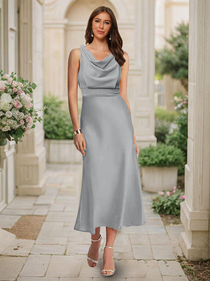 Robe de Demoiselled'Honneur Sirène/Trompette, Col Bénitier, Sans Manches, Longueur Thé, Froncée