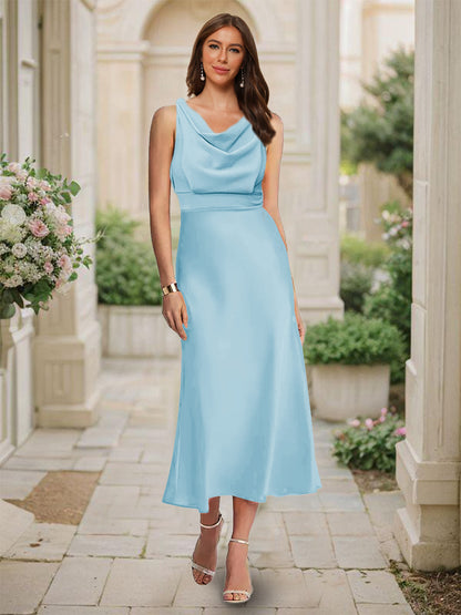 Robe de Demoiselled'Honneur Sirène/Trompette, Col Bénitier, Sans Manches, Longueur Thé, Froncée