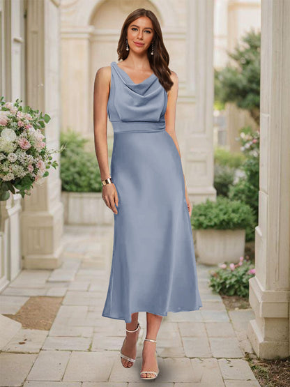 Robe de Demoiselled'Honneur Sirène/Trompette, Col Bénitier, Sans Manches, Longueur Thé, Froncée