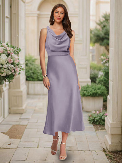 Robe de Demoiselled'Honneur Sirène/Trompette, Col Bénitier, Sans Manches, Longueur Thé, Froncée