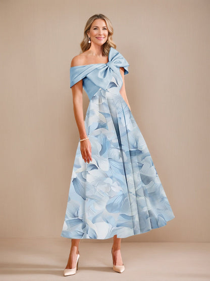Robes de Mère de la Mariée Florales Imprimées à Manches Courtes, Épaules Dénudées, Style A-Line/Princesse avec Nœud