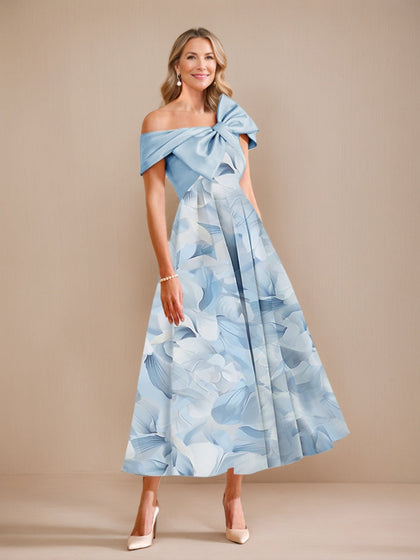 Robes de Mère de la Mariée Florales Imprimées à Manches Courtes, Épaules Dénudées, Style A-Line/Princesse avec Nœud