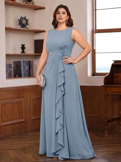 Robe de la mère de la mariée grande taille trapèze, col rond sans manches, appliqués et volants