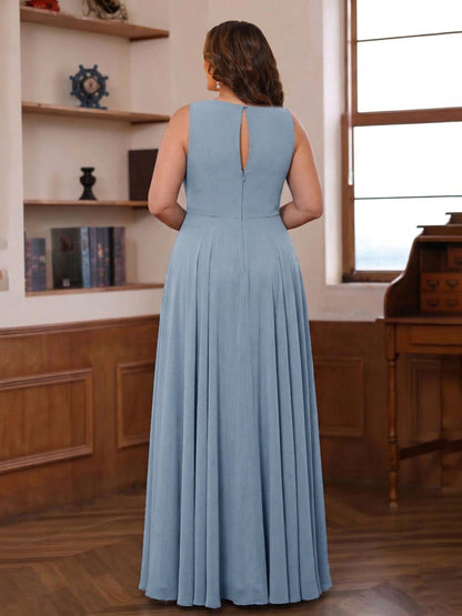Robe de la mère de la mariée grande taille trapèze, col rond sans manches, appliqués et volants
