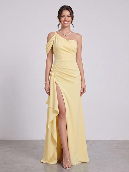Gaine/Colonne Asymétrique Une épaule Robes Longues de Demoiselle d'Honneur avec Ruchée & Côté Divisé