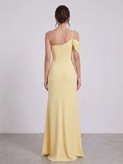Gaine/Colonne Asymétrique Une épaule Robes Longues de Demoiselle d'Honneur avec Ruchée & Côté Divisé