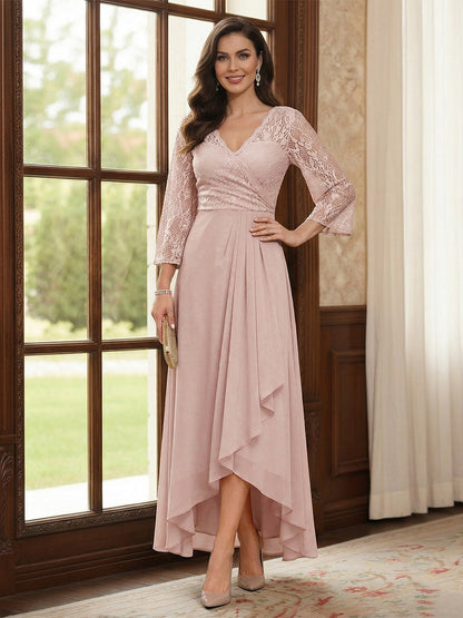 Robe de la mère de la mariée trapèze asymétrique, manches 3/4, dentelle et volants