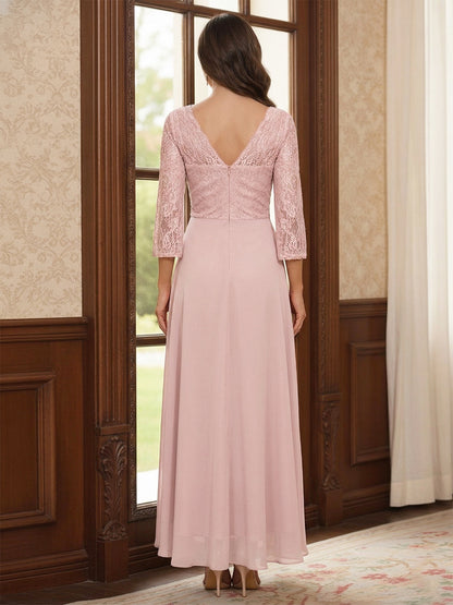 Robe de la mère de la mariée trapèze asymétrique, manches 3/4, dentelle et volants