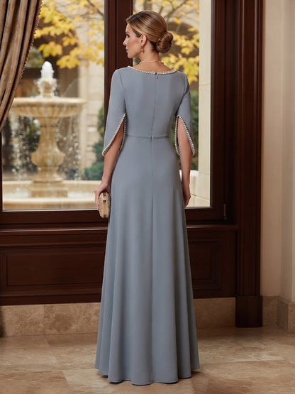 Robe longue pour mère de la mariée, coupe trapèze/princesse, en satin extensible, encolure arrondie, manches mi-longues, avec perles