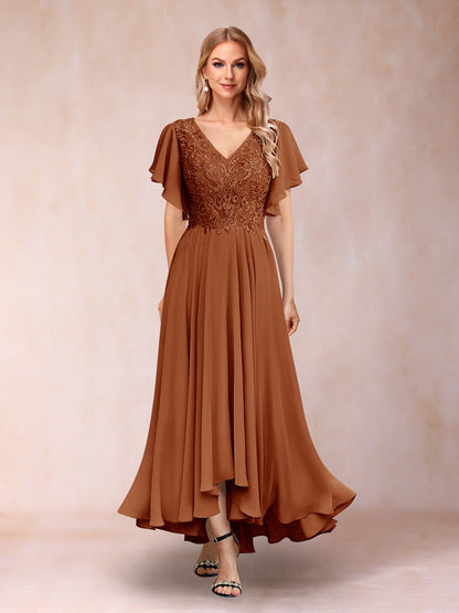 Robe de Soirée Longue à Manches Courtes et Col En V Coupe A-Line/Princesse avec Appliques
