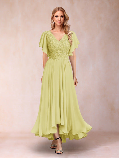 Robe de Soirée Longue à Manches Courtes et Col En V Coupe A-Line/Princesse avec Appliques