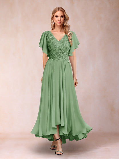 Robe de Soirée Longue à Manches Courtes et Col En V Coupe A-Line/Princesse avec Appliques