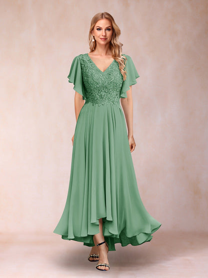 Robe de Soirée Longue à Manches Courtes et Col En V Coupe A-Line/Princesse avec Appliques