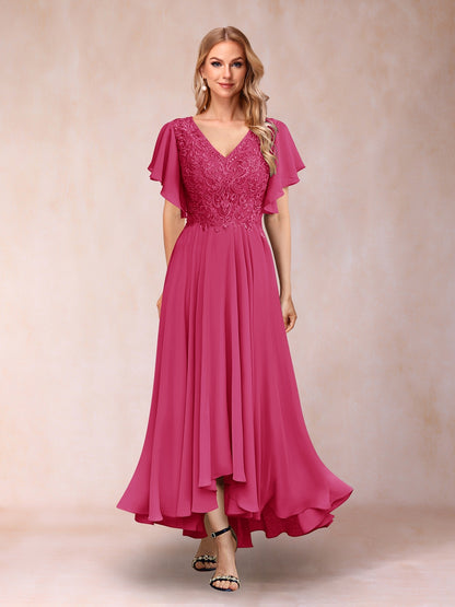 Robe de Soirée Longue à Manches Courtes et Col En V Coupe A-Line/Princesse avec Appliques