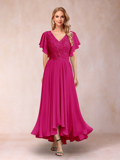Robe de Soirée Longue à Manches Courtes et Col En V Coupe A-Line/Princesse avec Appliques