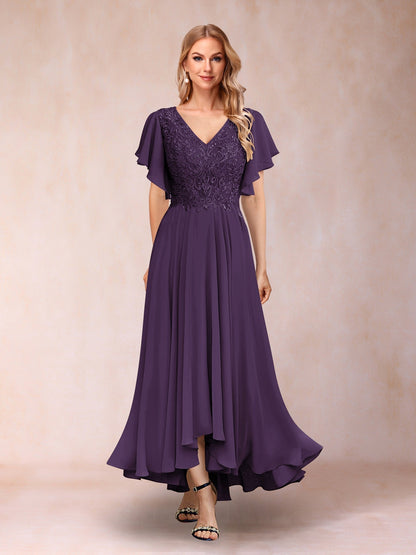 Robe de Soirée Longue à Manches Courtes et Col En V Coupe A-Line/Princesse avec Appliques