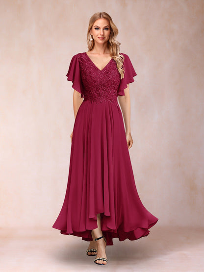 Robe de Soirée Longue à Manches Courtes et Col En V Coupe A-Line/Princesse avec Appliques