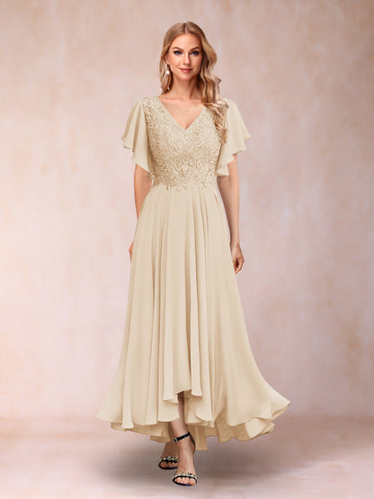 Robe de Soirée Longue à Manches Courtes et Col En V Coupe A-Line/Princesse avec Appliques