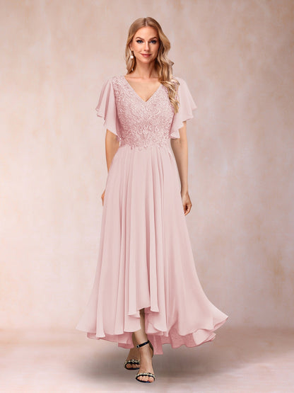 Robe de Soirée Longue à Manches Courtes et Col En V Coupe A-Line/Princesse avec Appliques