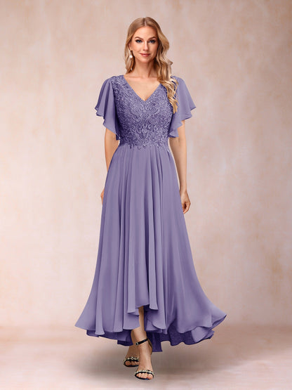 Robe de Soirée Longue à Manches Courtes et Col En V Coupe A-Line/Princesse avec Appliques